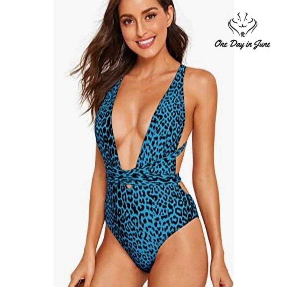 SweatyRocks Sexy Criss Cross Tie Knot Front Deep V One Piece Swimsuit Size M